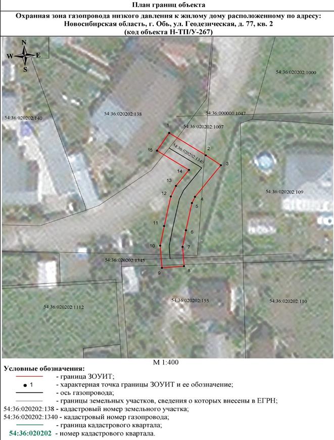 Распоряжение Правительства Новосибирской области от 27.09.2022 N 662-рп "Об установлении зоны с особыми условиями использования территории "Охранная зона "Газопровод низкого давления к жилому дому, расположенному по адресу: Новосибирская область, г. Обь, ул. Геодезическая, д. 77, кв. 2 (код объекта Н-ТП/У-267)" протяженностью 44 метра"